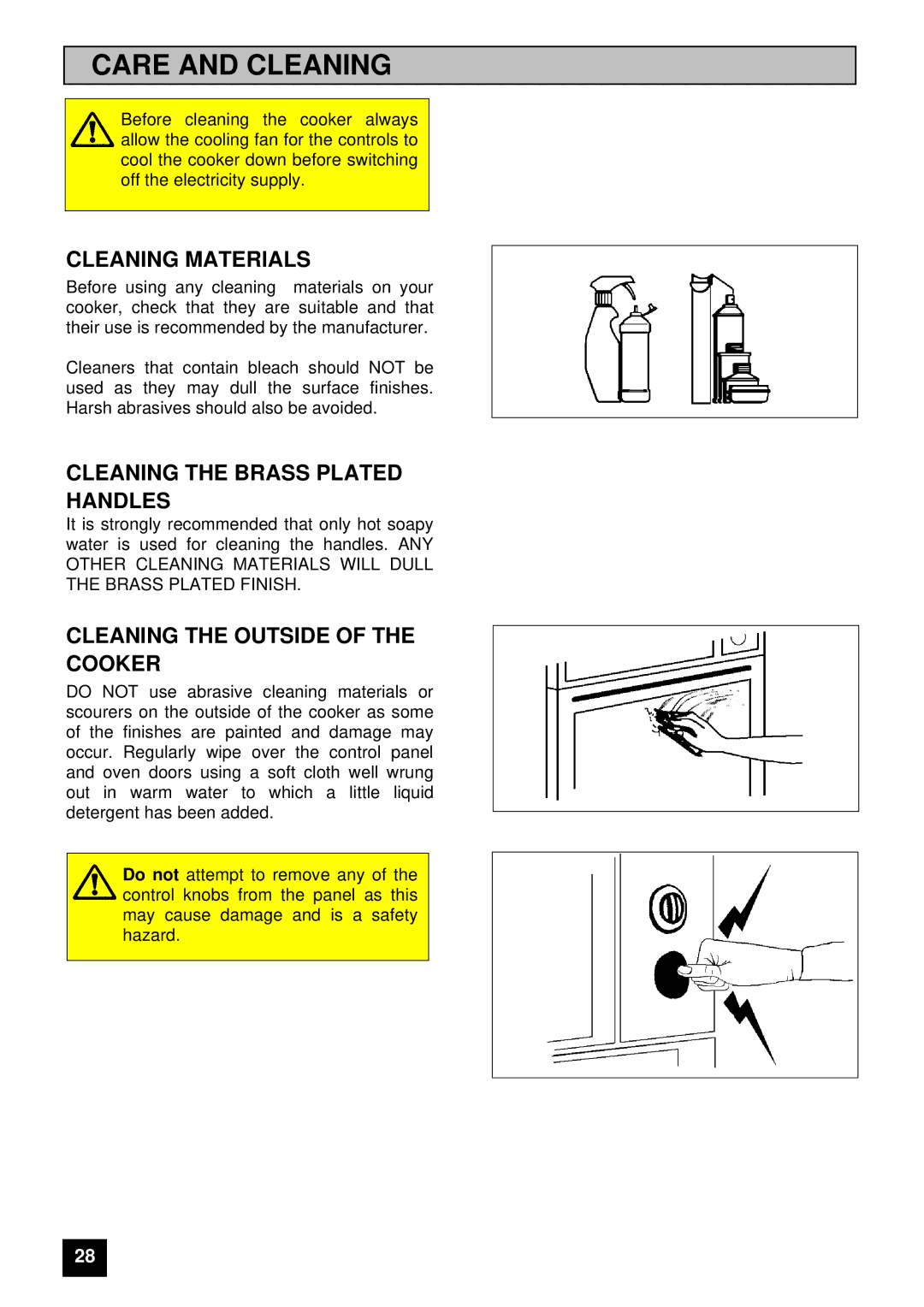 Tricity Bendix E 715 installation instructions Care and Cleaning, Cleaning Materials, Cleaning the Brass Plated Handles 