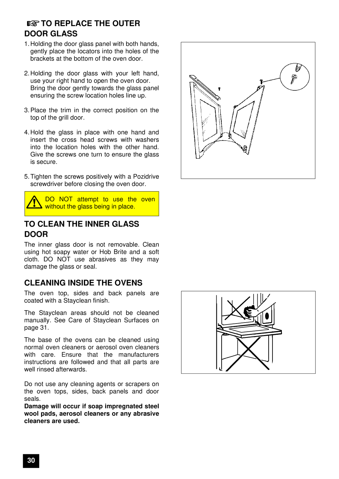 Tricity Bendix E 715 To Replace the Outer Door Glass, To Clean the Inner Glass Door, Cleaning Inside the Ovens 