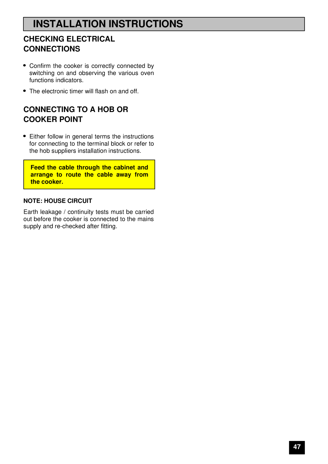 Tricity Bendix E 715 installation instructions Checking Electrical Connections, Connecting to a HOB or Cooker Point 