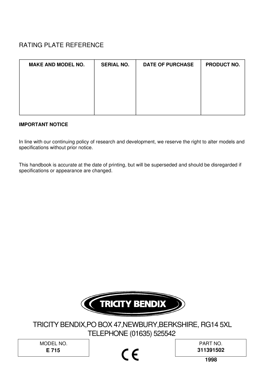 Tricity Bendix E 715 installation instructions Tricity BENDIX,PO BOX 47,NEWBURY,BERKSHIRE, RG14 5XL 