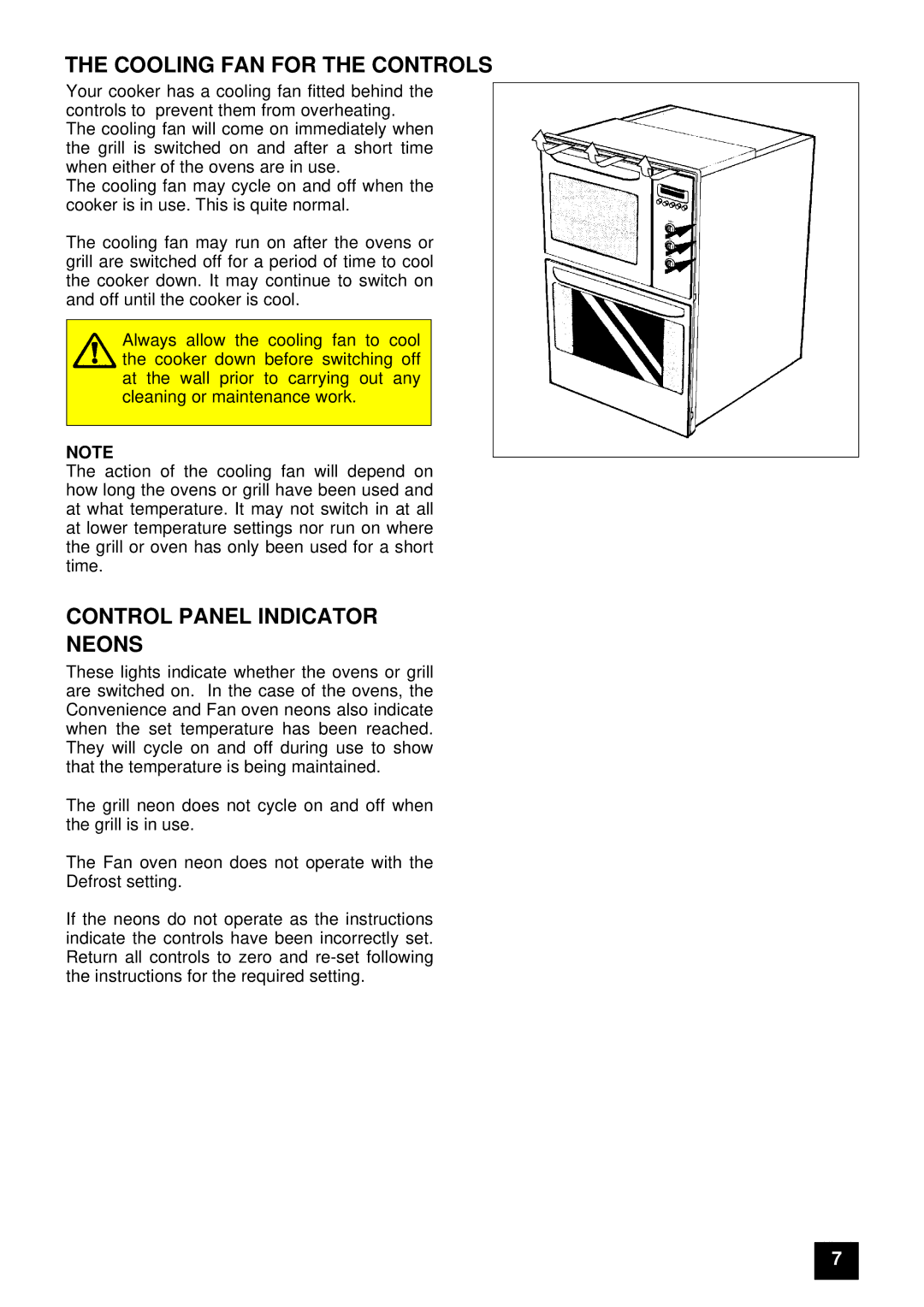 Tricity Bendix E 715 installation instructions Cooling FAN for the Controls, Control Panel Indicator Neons 