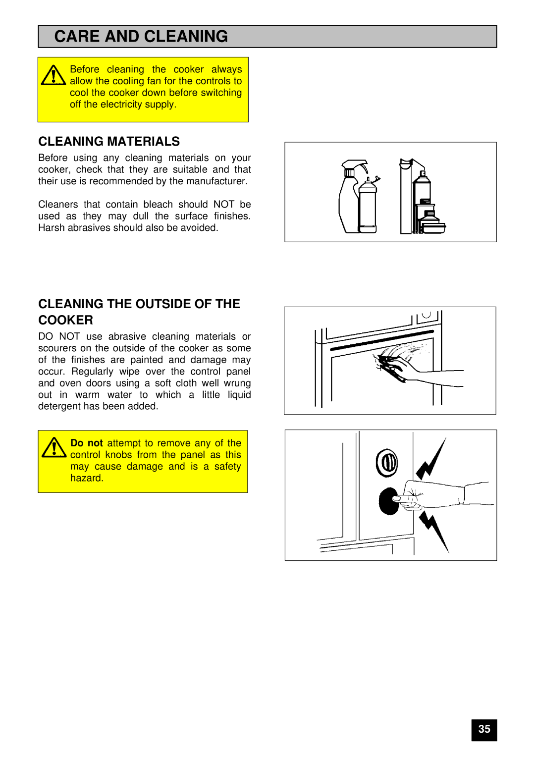 Tricity Bendix E 750 installation instructions Care and Cleaning, Cleaning Materials, Cleaning the Outside of the Cooker 