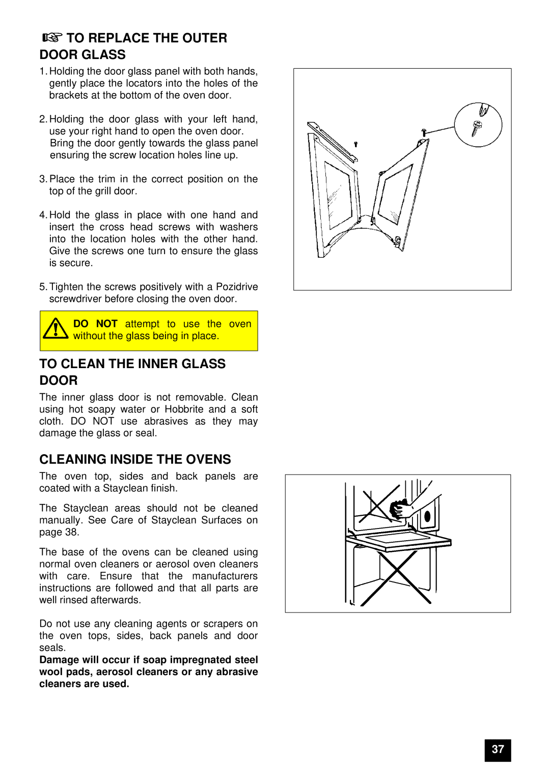 Tricity Bendix E 750 To Replace the Outer Door Glass, To Clean the Inner Glass Door, Cleaning Inside the Ovens 