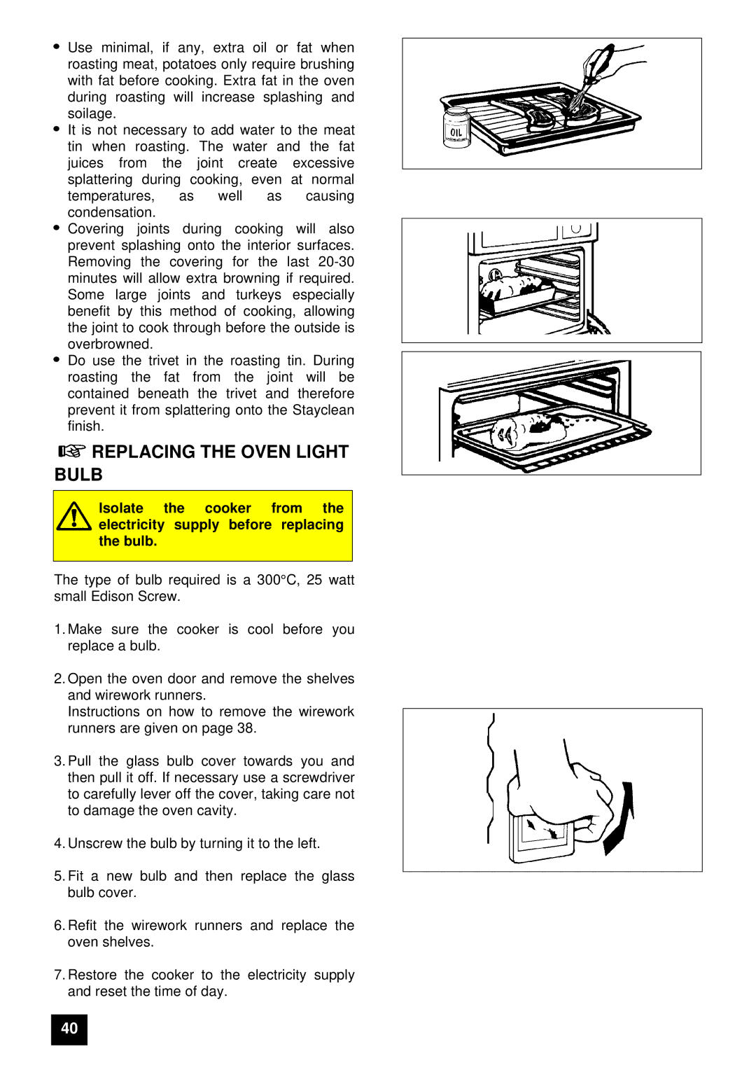 Tricity Bendix E 750 installation instructions Replacing the Oven Light Bulb 