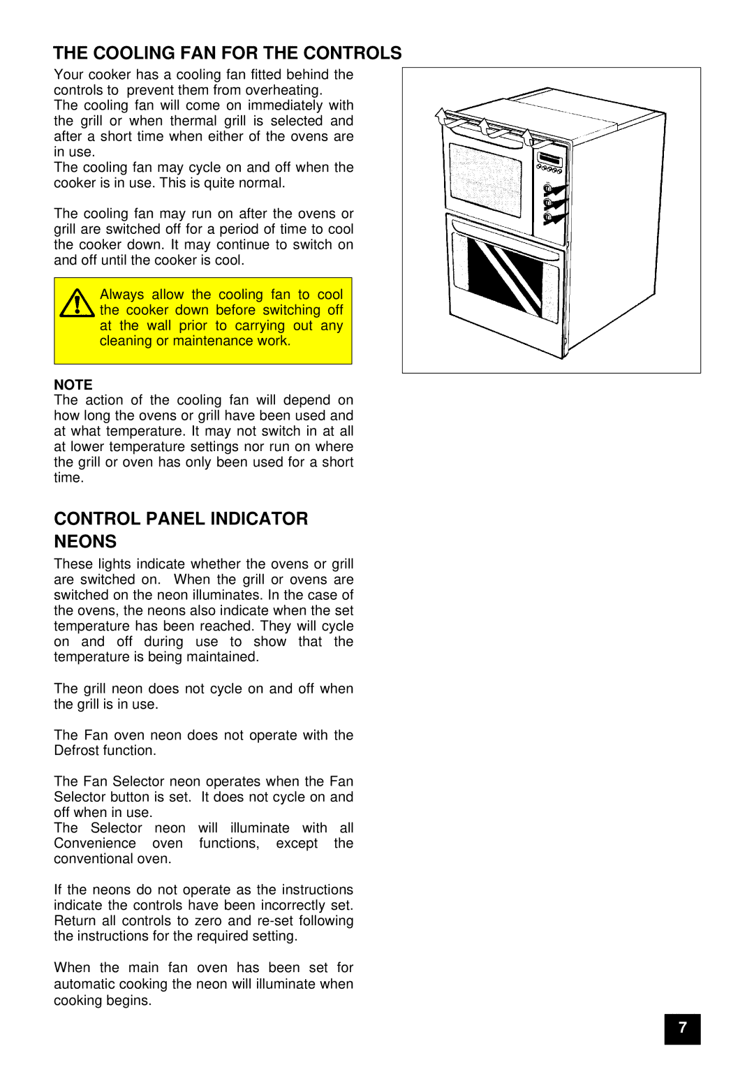 Tricity Bendix E 750 installation instructions Cooling FAN for the Controls, Control Panel Indicator Neons 