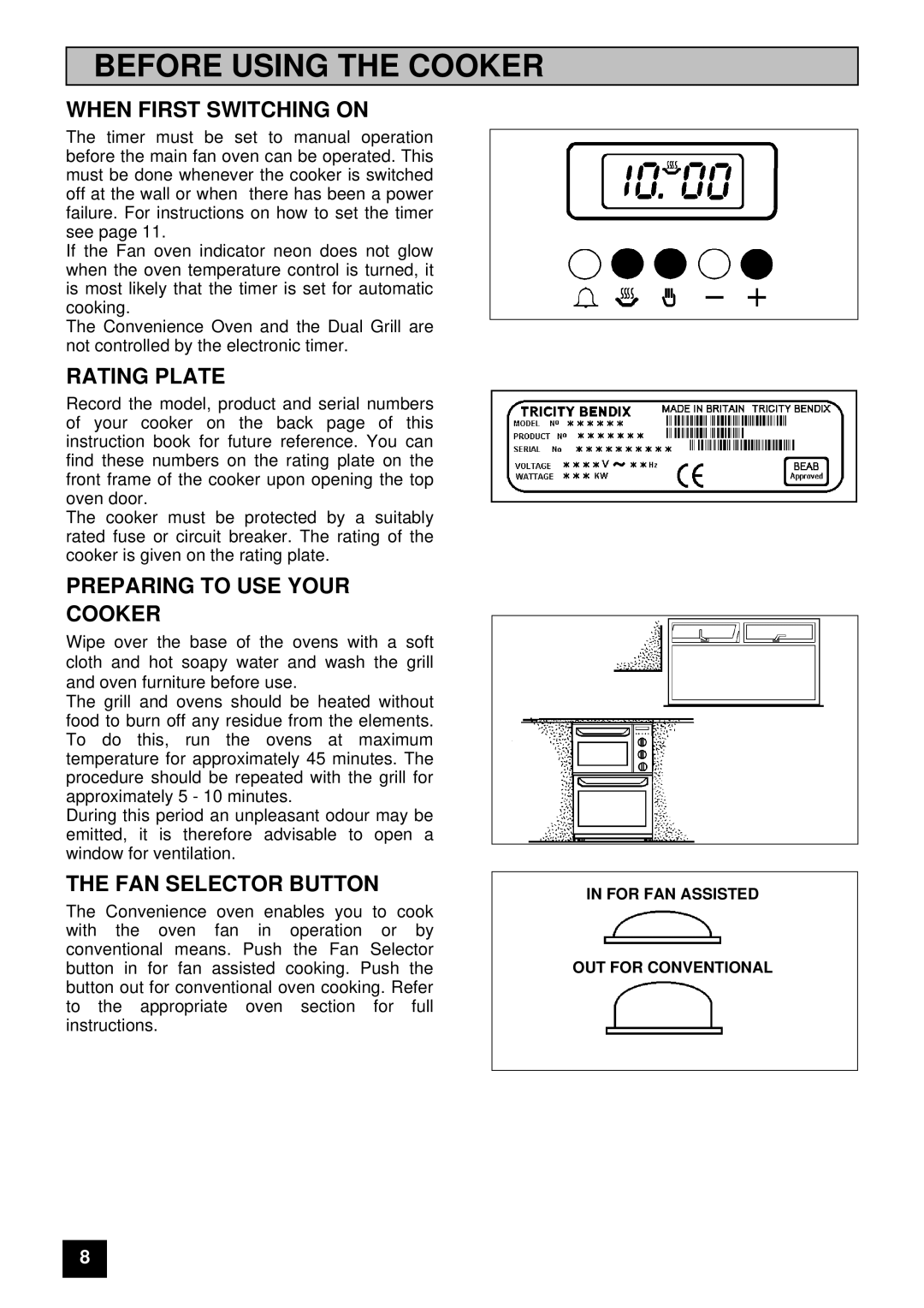 Tricity Bendix E 750 When First Switching on, Rating Plate, Preparing to USE Your Cooker, FAN Selector Button 