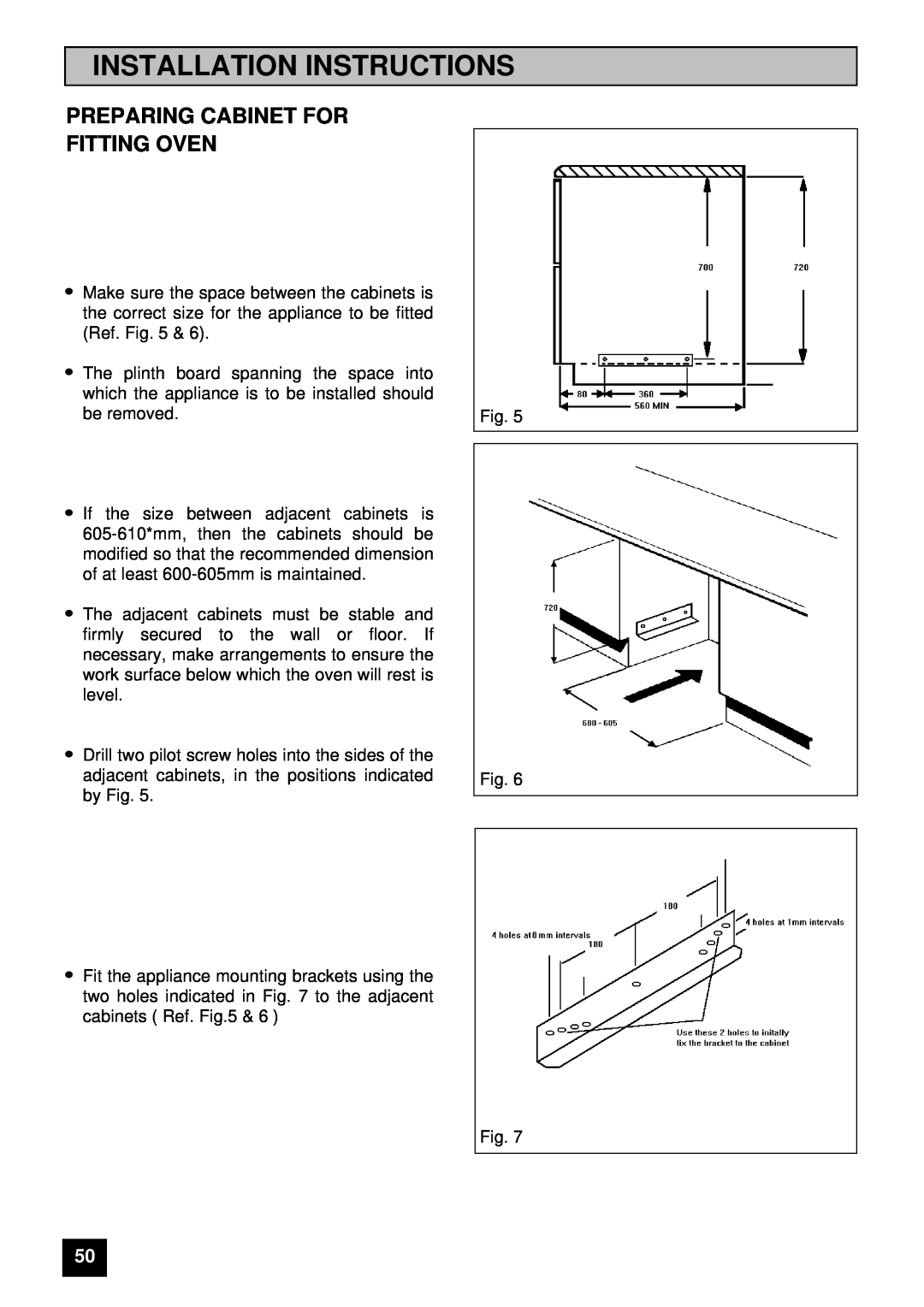 Tricity Bendix E 750 installation instructions Preparing Cabinet For Fitting Oven, Installation Instructions 