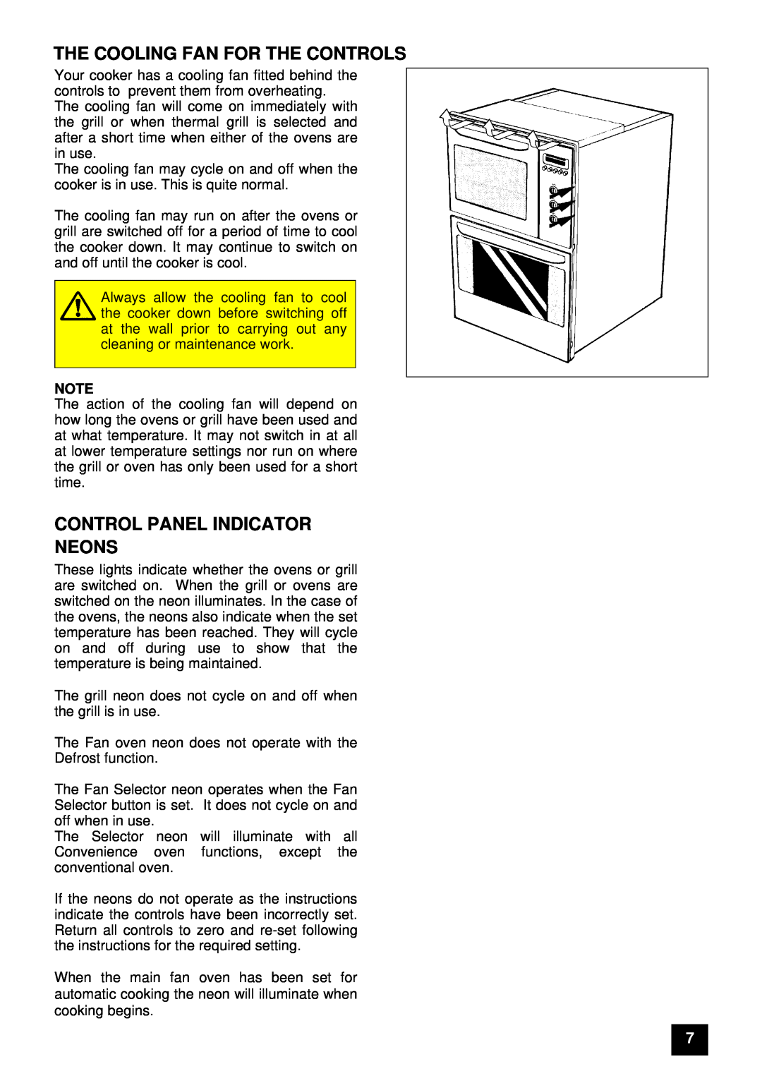 Tricity Bendix E 750 installation instructions The Cooling Fan For The Controls, Control Panel Indicator Neons 