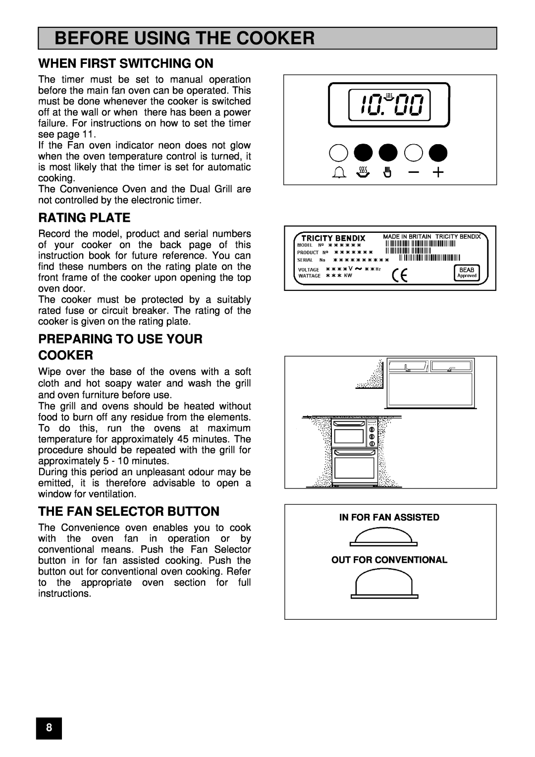 Tricity Bendix E 750 Before Using The Cooker, When First Switching On, Rating Plate, Preparing To Use Your Cooker 