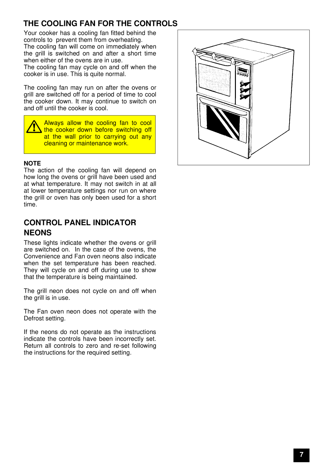 Tricity Bendix E710 installation instructions Cooling FAN for the Controls, Control Panel Indicator Neons 