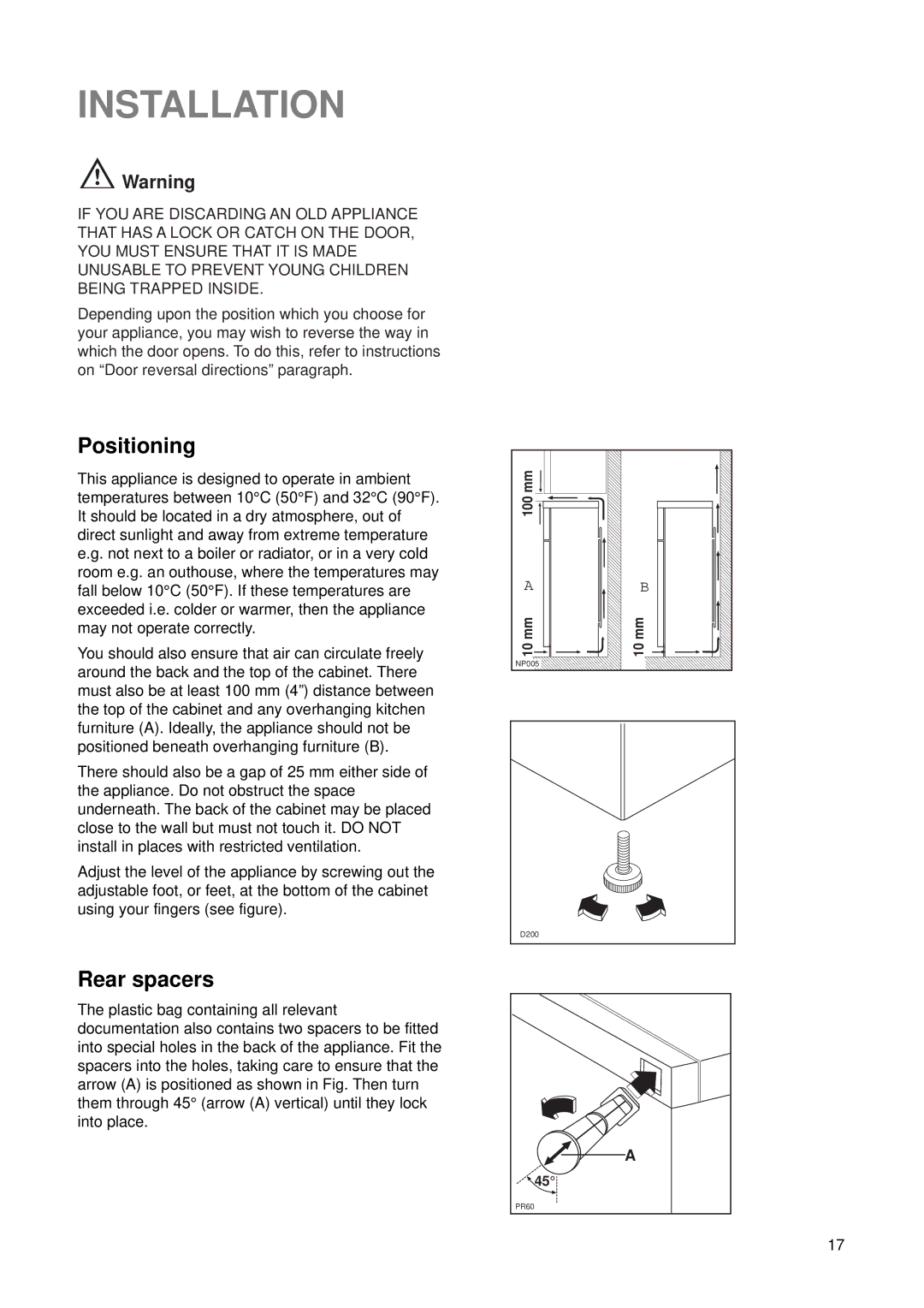 Tricity Bendix ECD 807-W manual Installation, Positioning, Rear spacers 