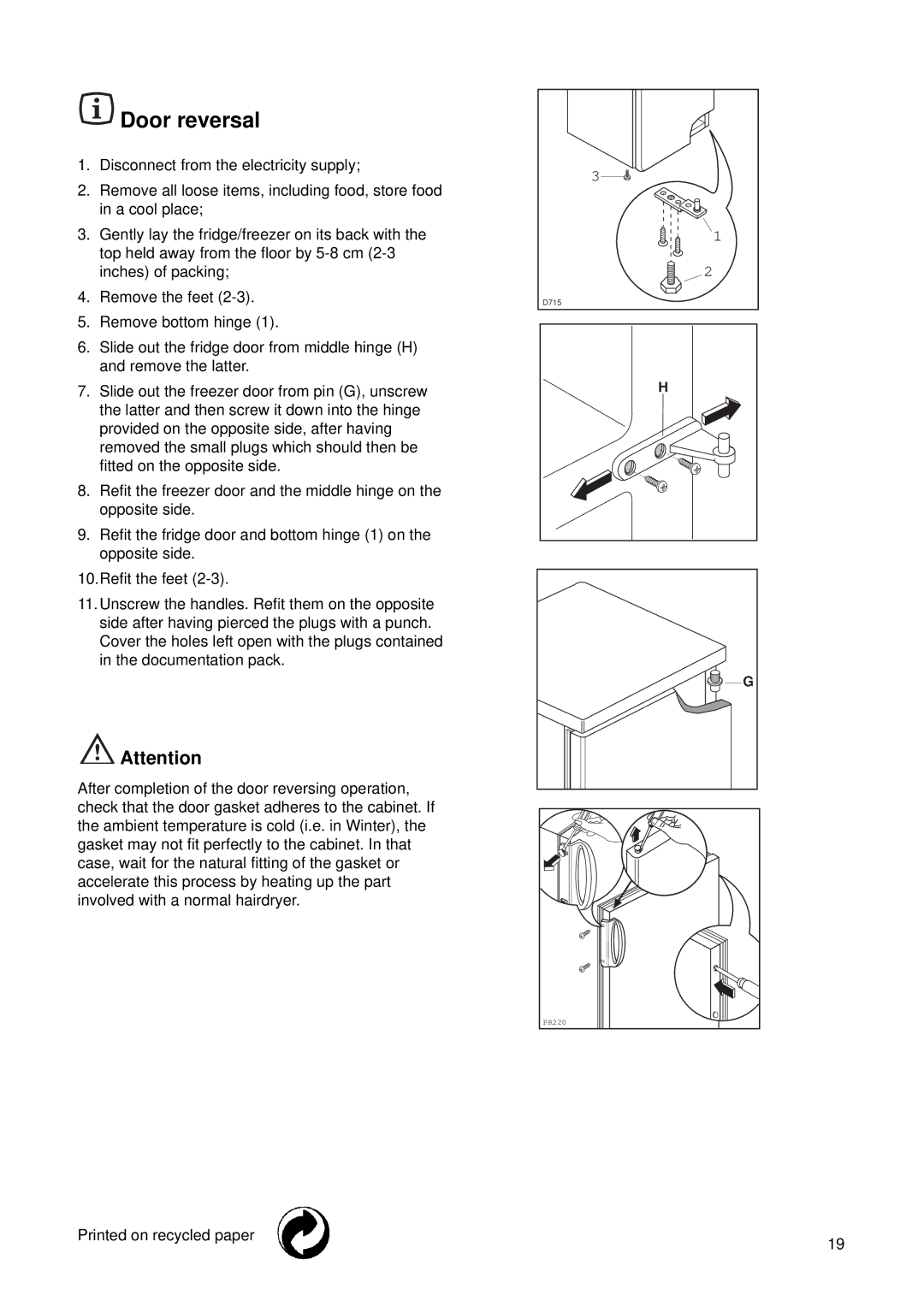 Tricity Bendix ECD 807-W manual Door reversal 