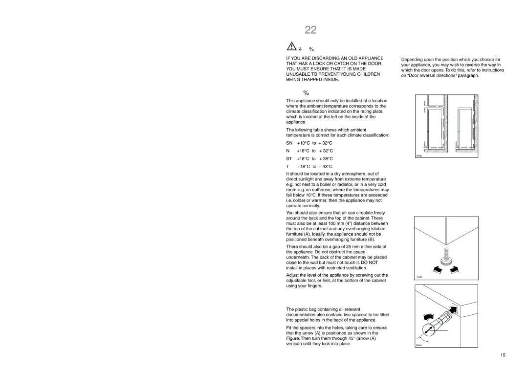 Tricity Bendix ECD 937 manual Installation, Positioning, Rear spacers 