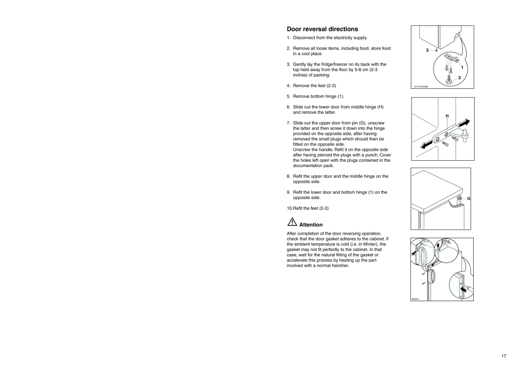 Tricity Bendix ECD 937 manual Door reversal directions 