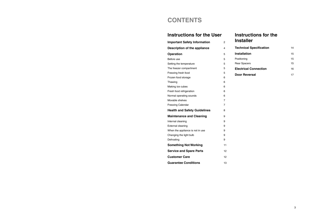 Tricity Bendix ECD 937 manual Contents, Instructions for the User, Instructions for the Installer 