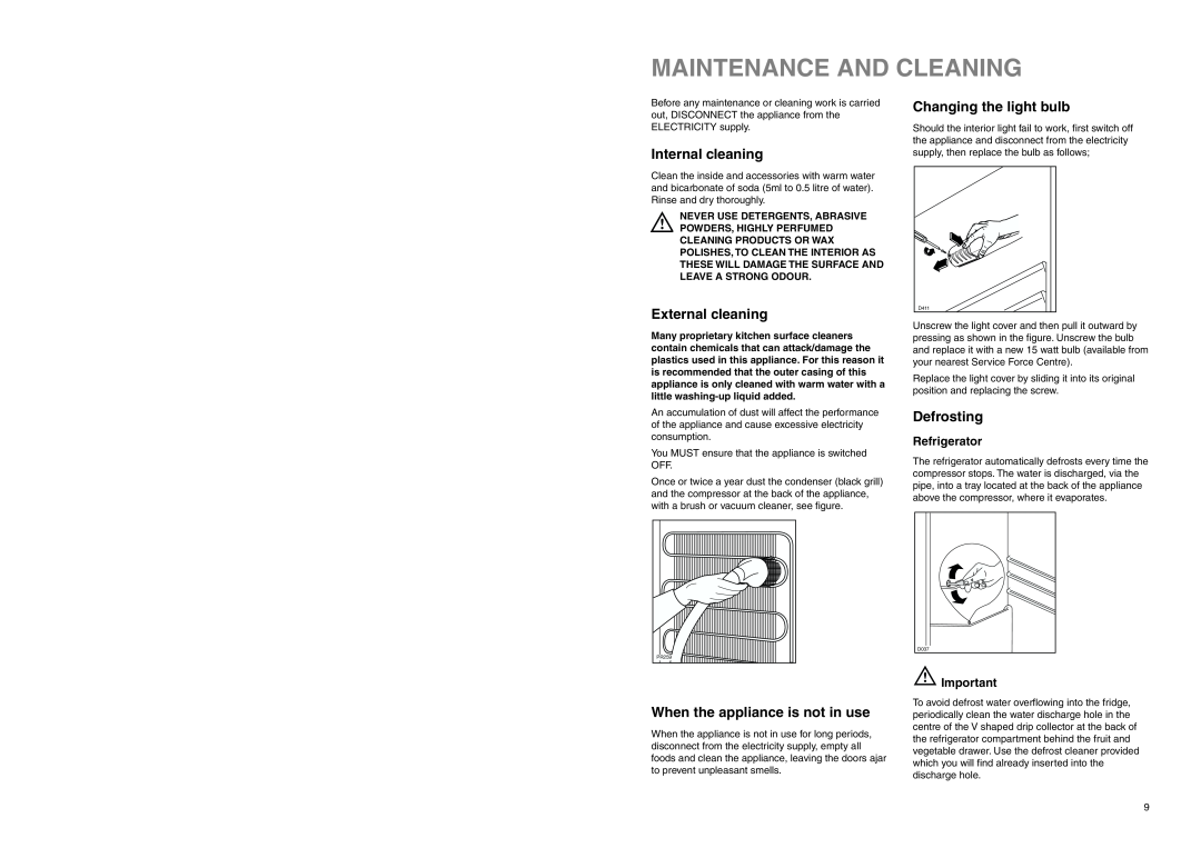 Tricity Bendix ECD 937 Maintenance And Cleaning, Internal cleaning, External cleaning, When the appliance is not in use 