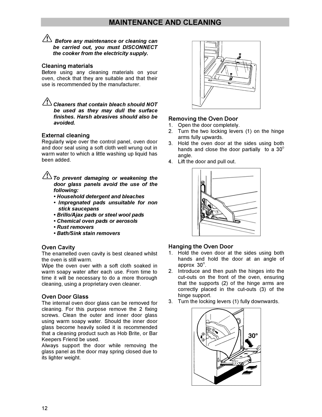 Tricity Bendix ESC 5061 W GB Cleaning materials, External cleaning, Removing the Oven Door, Oven Cavity, Oven Door Glass 