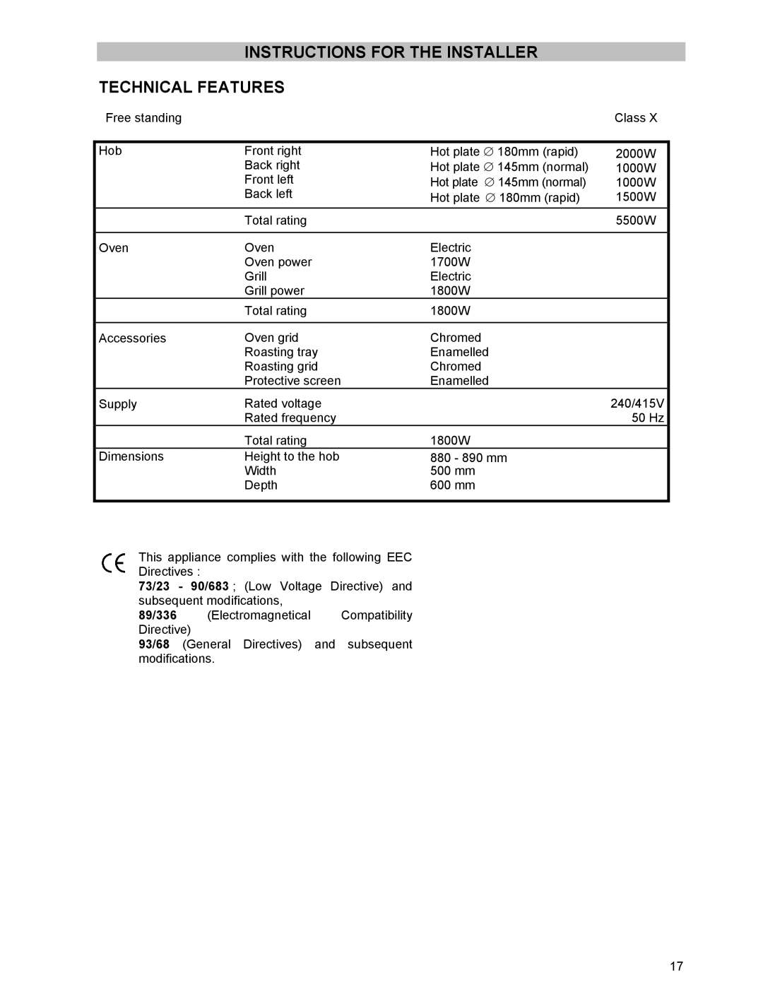 Tricity Bendix ESC 5061 W GB manual Instructions for the Installer Technical Features, 89/336 