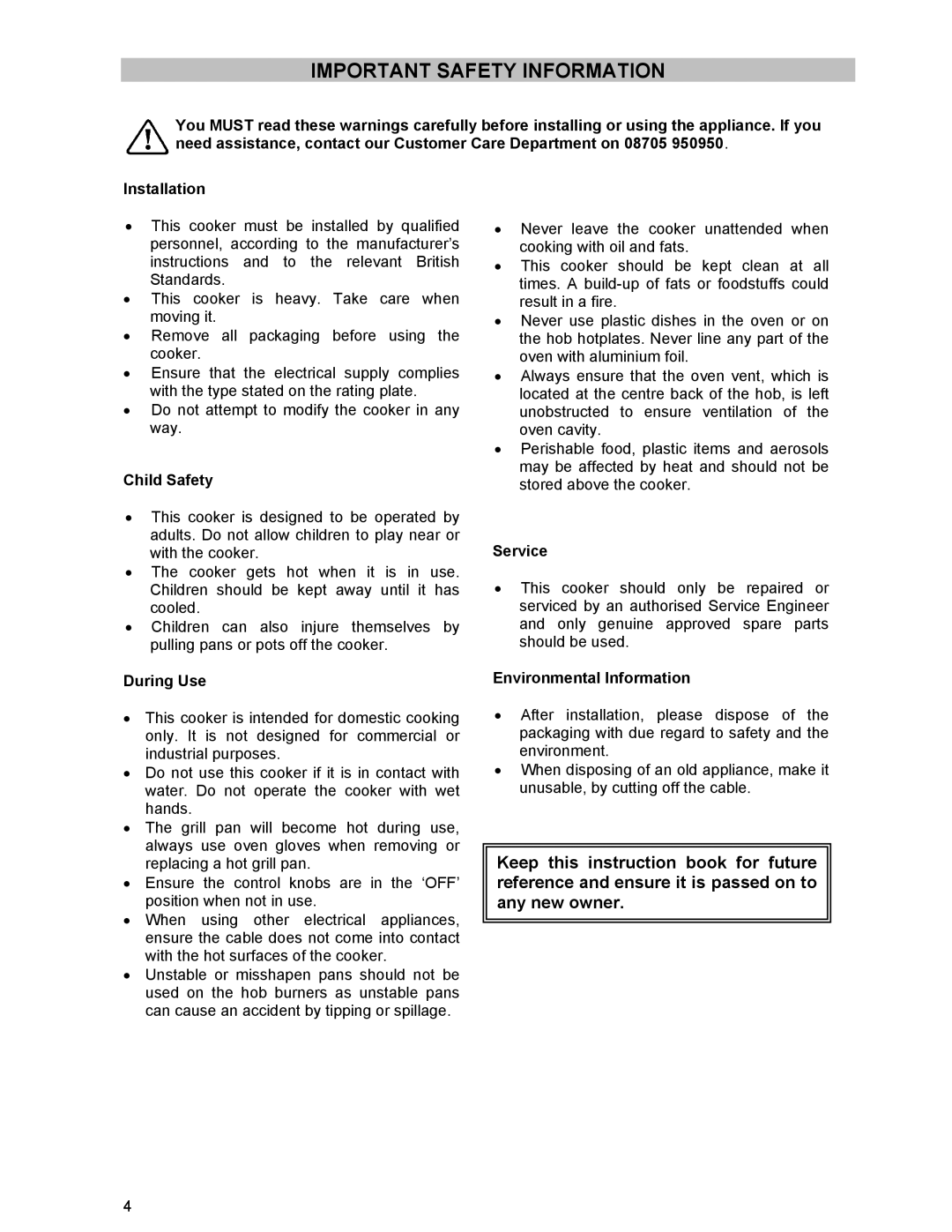 Tricity Bendix ESC 5061 W GB Important Safety Information, Child Safety, During Use, Service, Environmental Information 