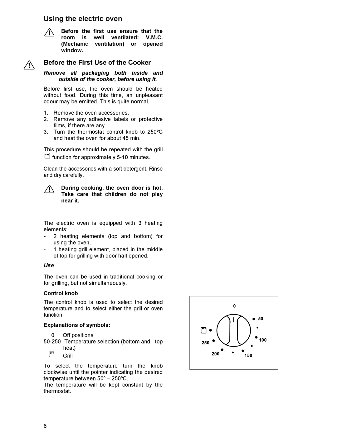 Tricity Bendix ESC 5061 W GB manual Using the electric oven, Control knob, Explanations of symbols 