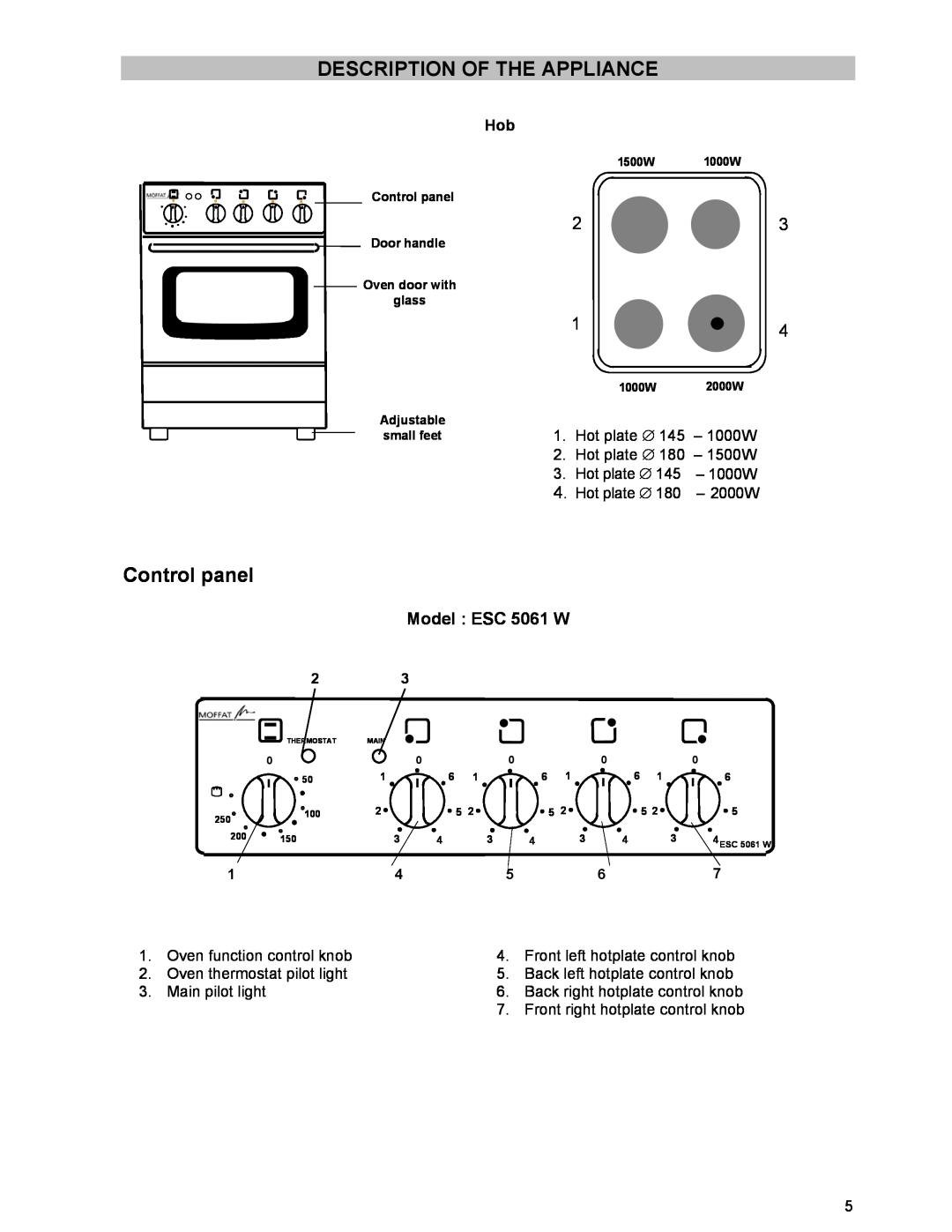 Tricity Bendix ESC 5061 W GB manual Description Of The Appliance, Control panel, Model ESC 5061 W 