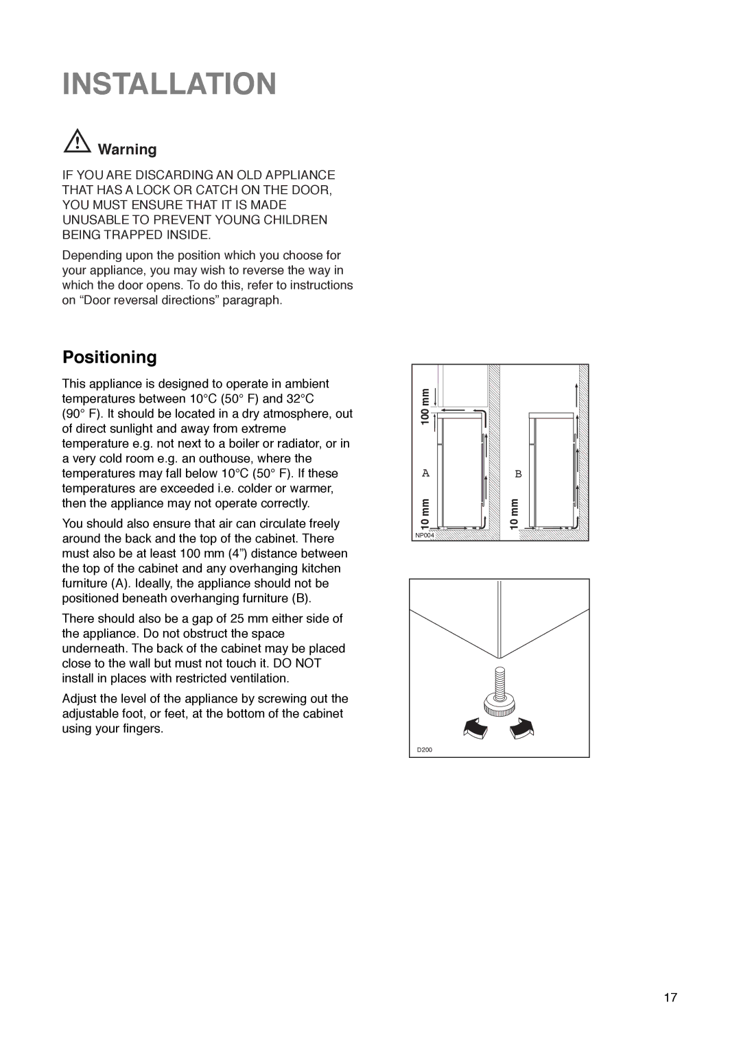 Tricity Bendix FD 792 installation instructions Installation, Positioning 