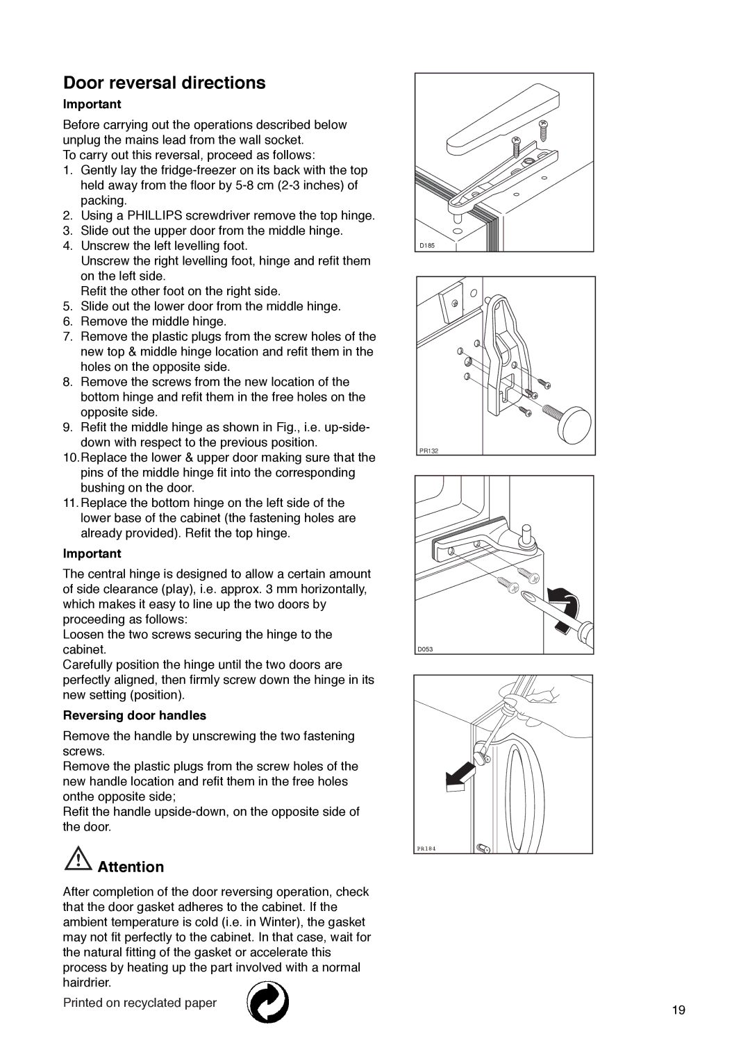 Tricity Bendix FD 792 installation instructions Door reversal directions, Reversing door handles 