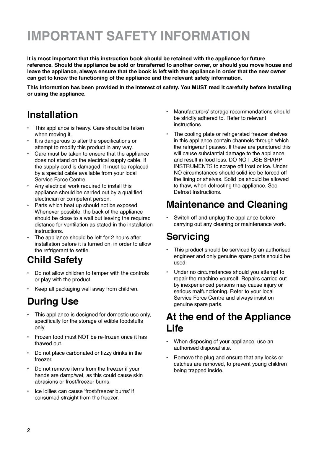 Tricity Bendix FD 792 installation instructions Important Safety Information, Installation 