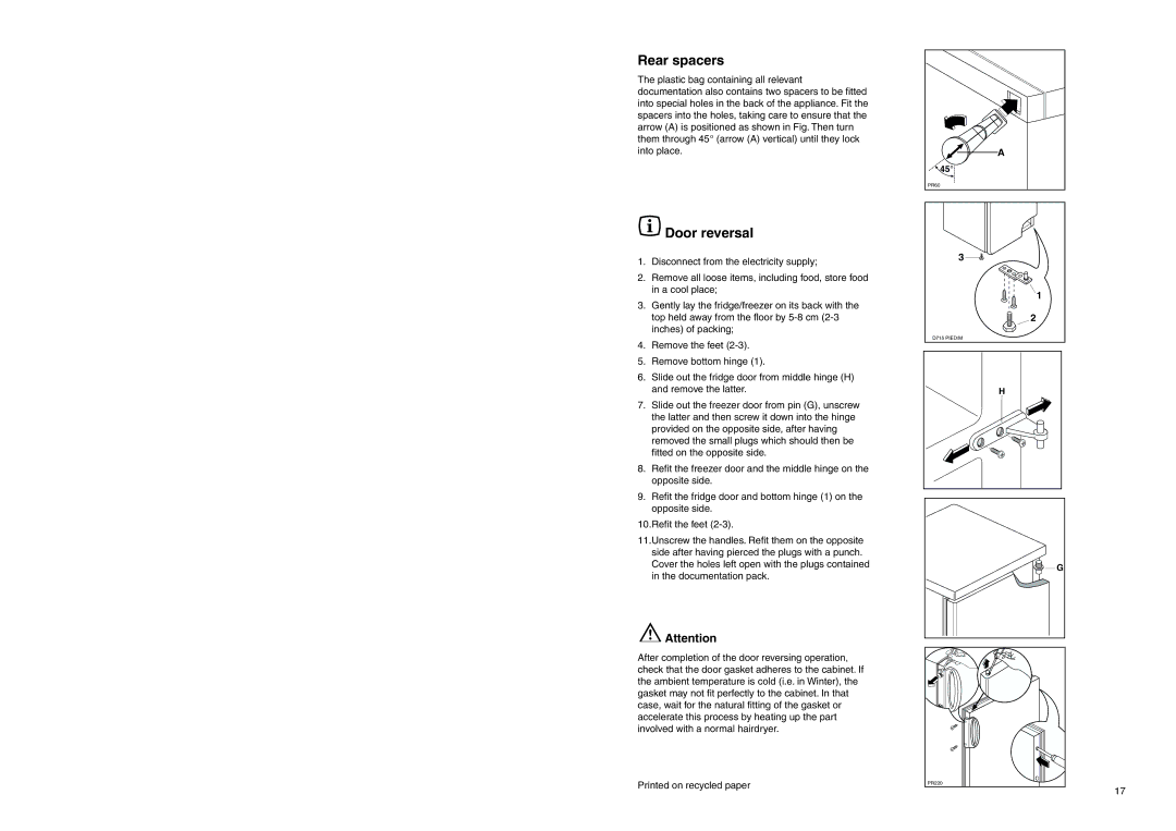 Tricity Bendix FD 845 installation instructions Rear spacers, Door reversal 