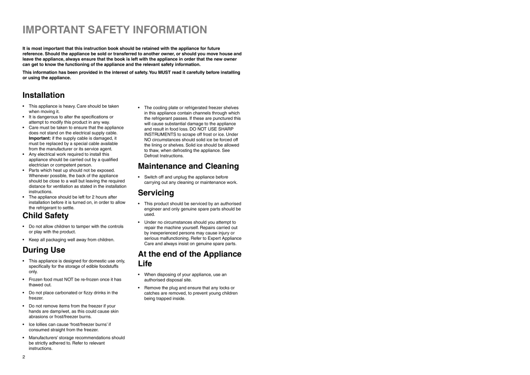 Tricity Bendix FD 845 installation instructions Important Safety Information, Installation 