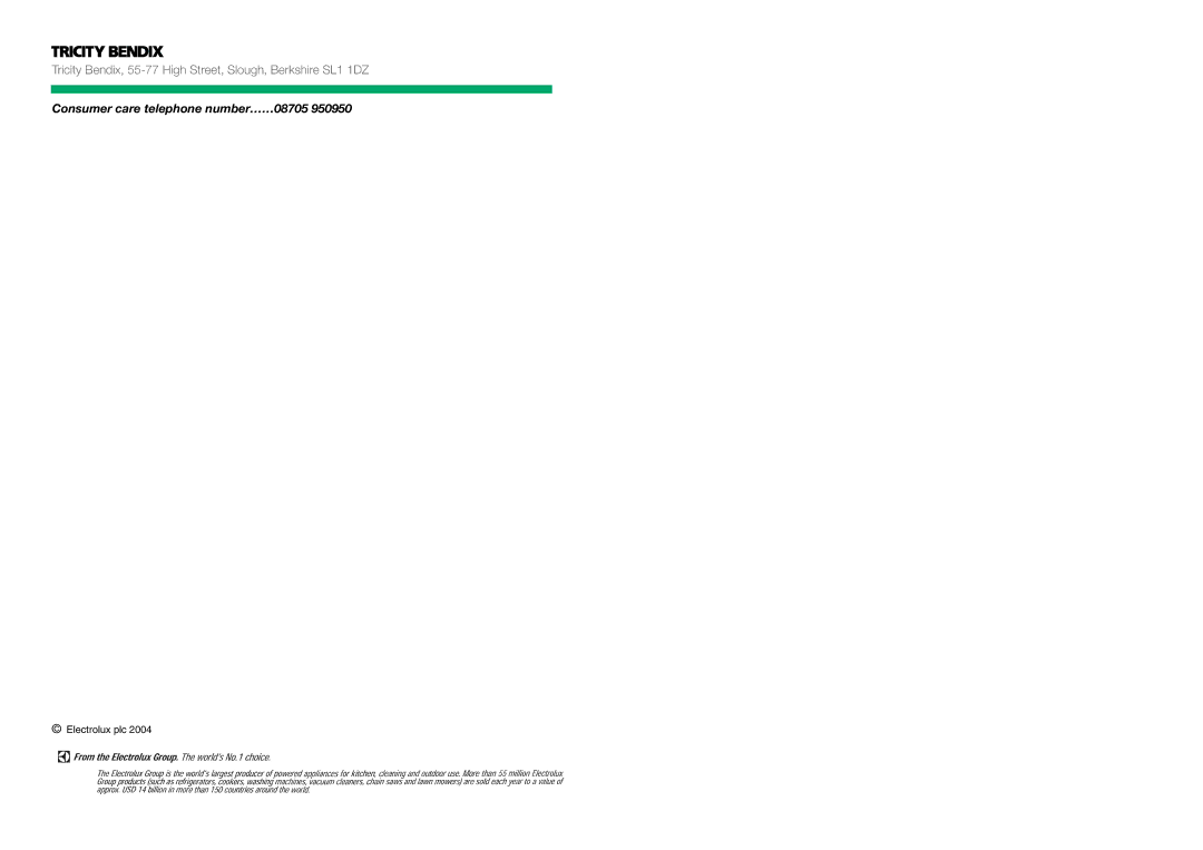 Tricity Bendix FD 845 installation instructions Consumer care telephone number……08705 