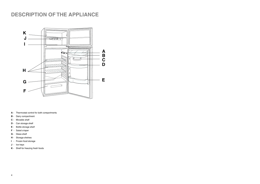 Tricity Bendix FD 845 installation instructions Description of the Appliance 