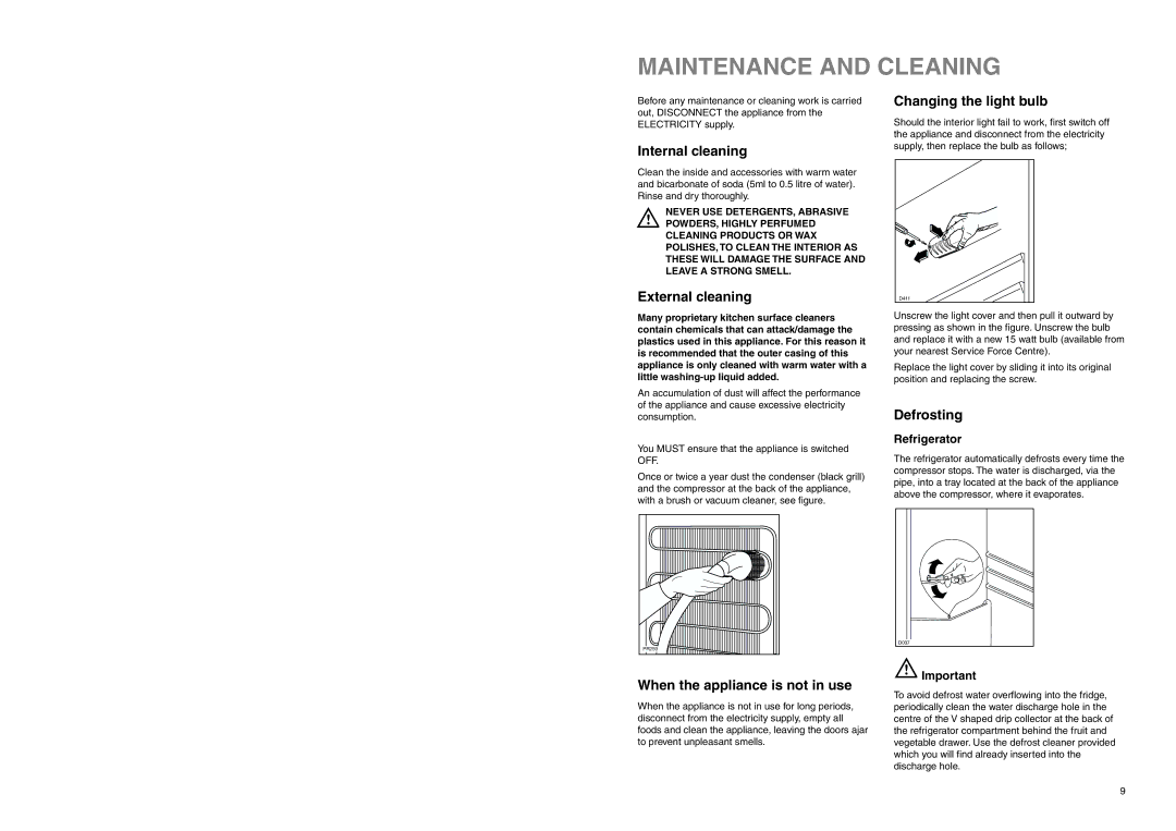 Tricity Bendix FD 845 installation instructions Maintenance and Cleaning 