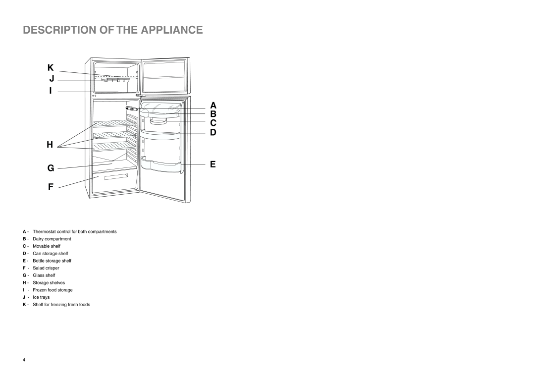 Tricity Bendix FD 845 installation instructions Description Of The Appliance, K J I H G F, A B C D E 