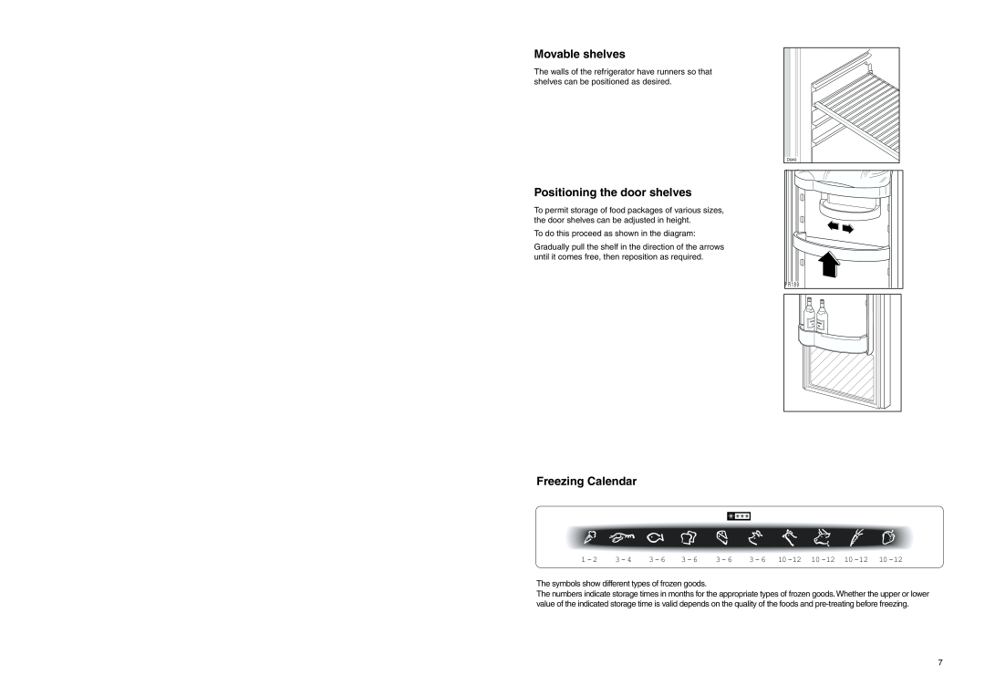 Tricity Bendix FD 845 Movable shelves, Positioning the door shelves, Freezing Calendar, 3 - 6 10 -12 10 