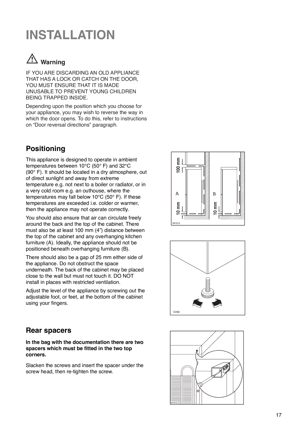 Tricity Bendix FD 852 A installation instructions Installation, Positioning, Rear spacers 