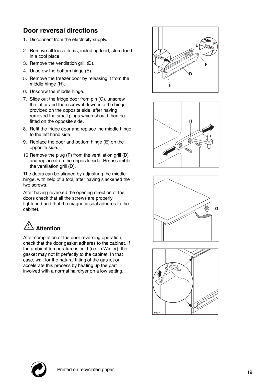 Tricity Bendix FD 852 A installation instructions Door reversal directions 