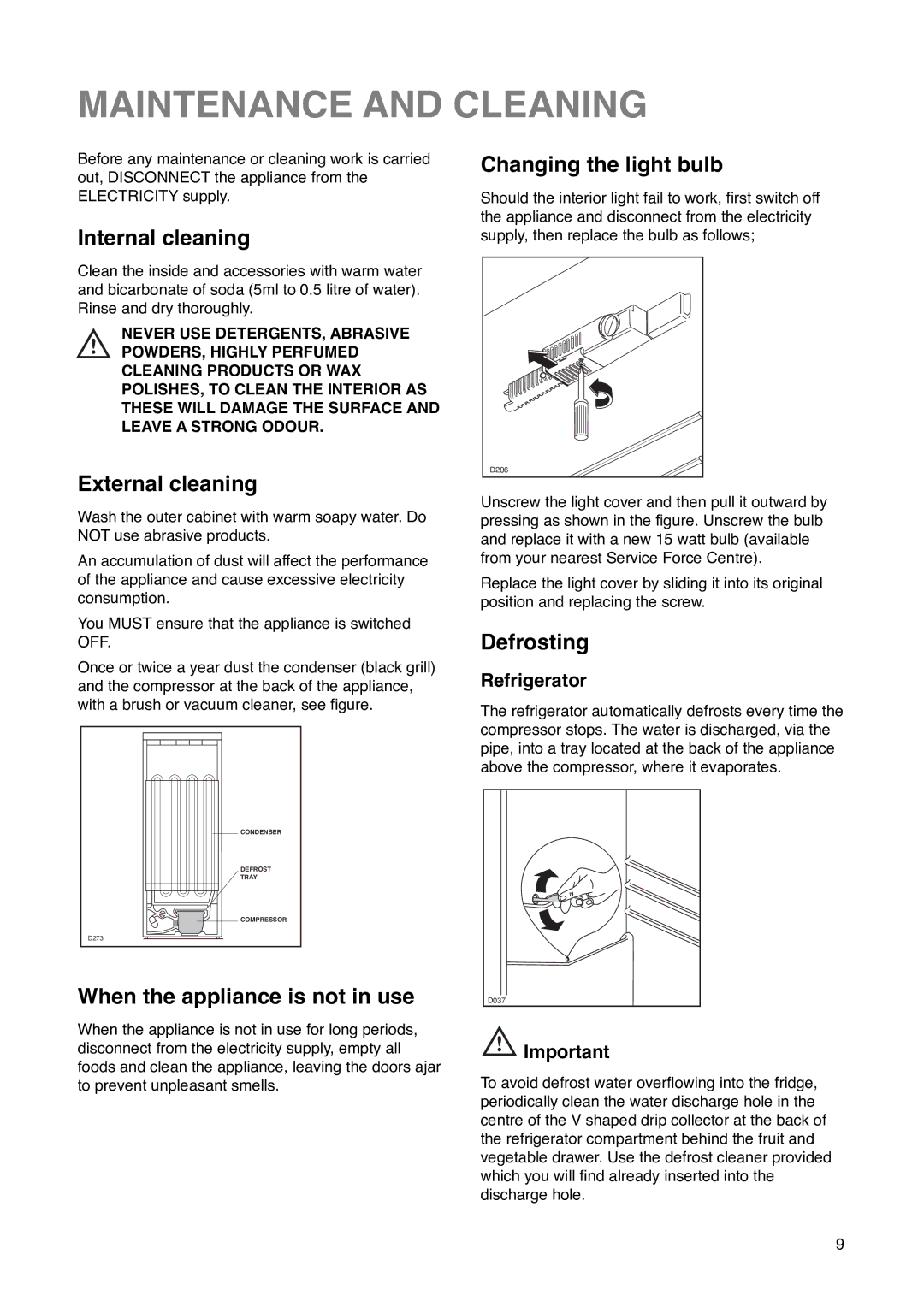 Tricity Bendix FD 852 A installation instructions Maintenance and Cleaning 