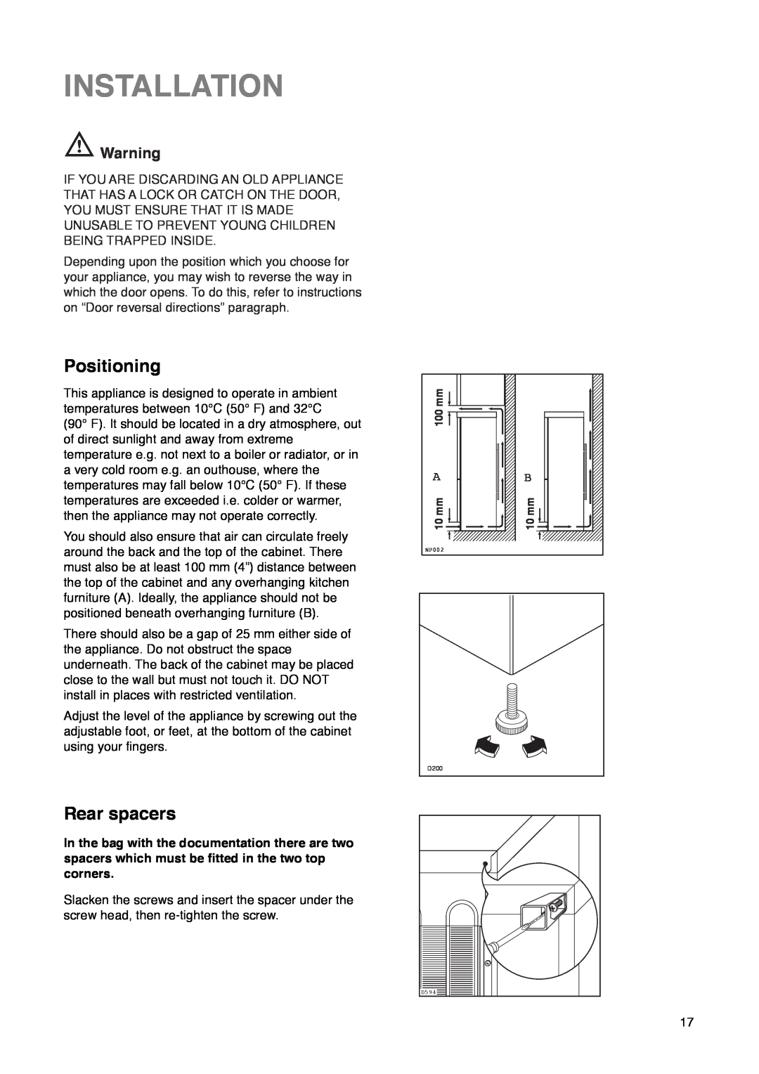 Tricity Bendix FD 852 A installation instructions Installation, Positioning, Rear spacers 