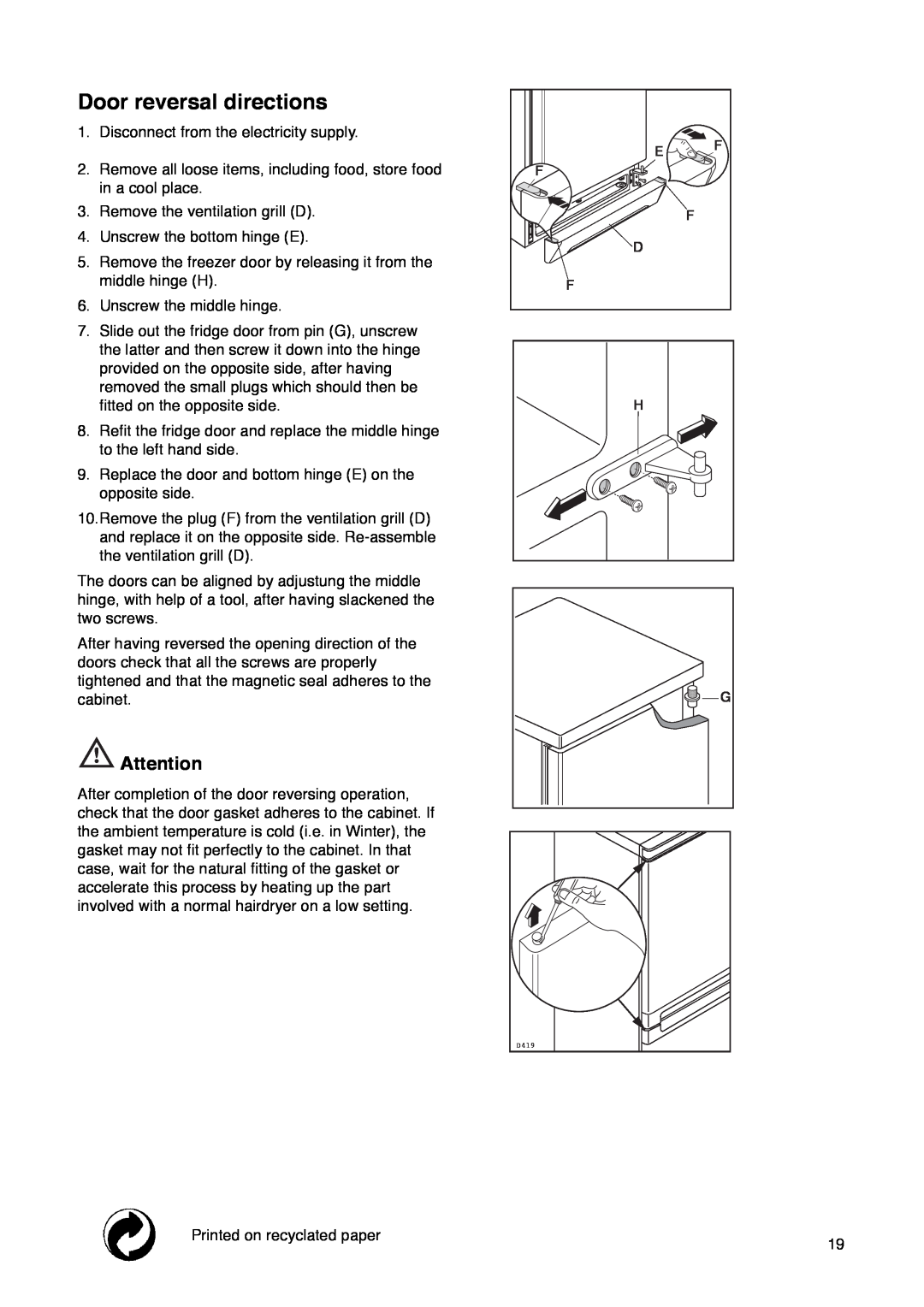 Tricity Bendix FD 852 A installation instructions Door reversal directions 