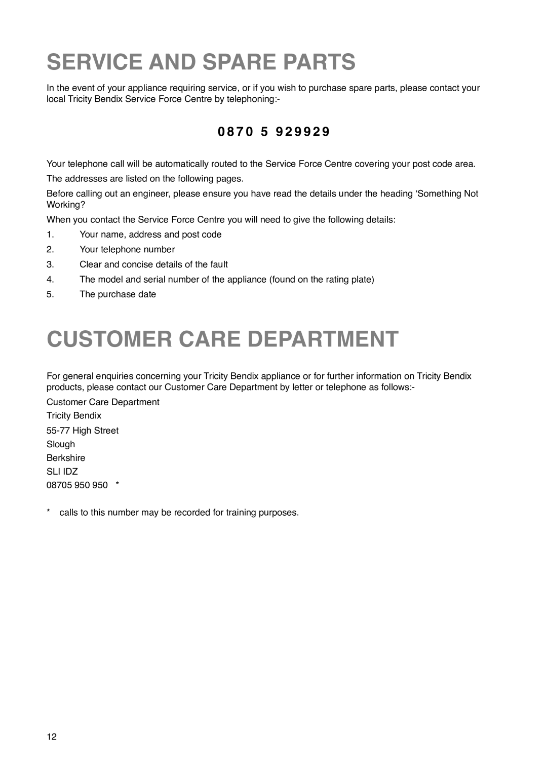 Tricity Bendix FD 852 installation instructions Service and Spare Parts, Customer Care Department, 7 0 5 9 2 9 9 2 