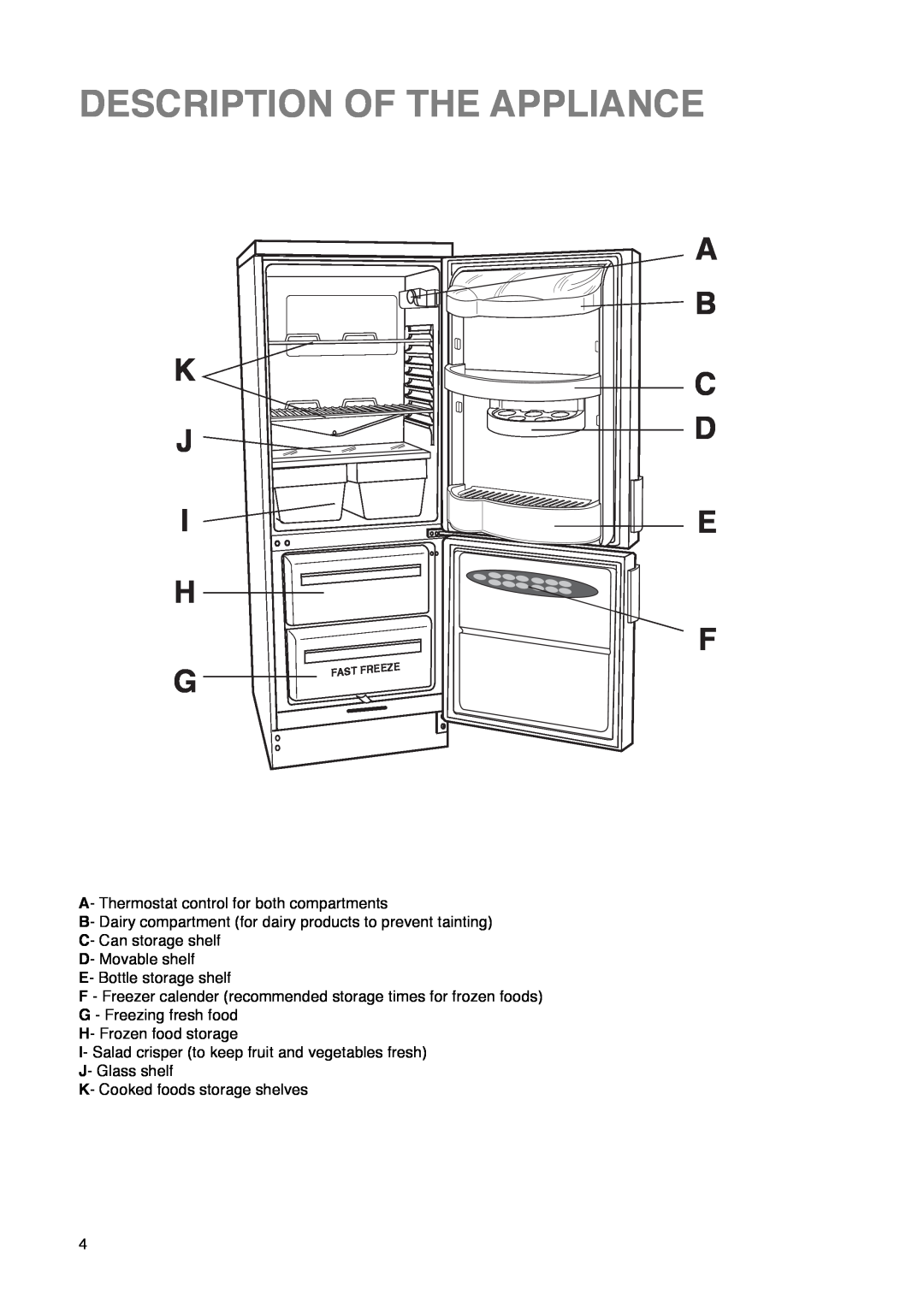 Tricity Bendix FD 852 installation instructions Description Of The Appliance, K J I H G, A B C D E F 
