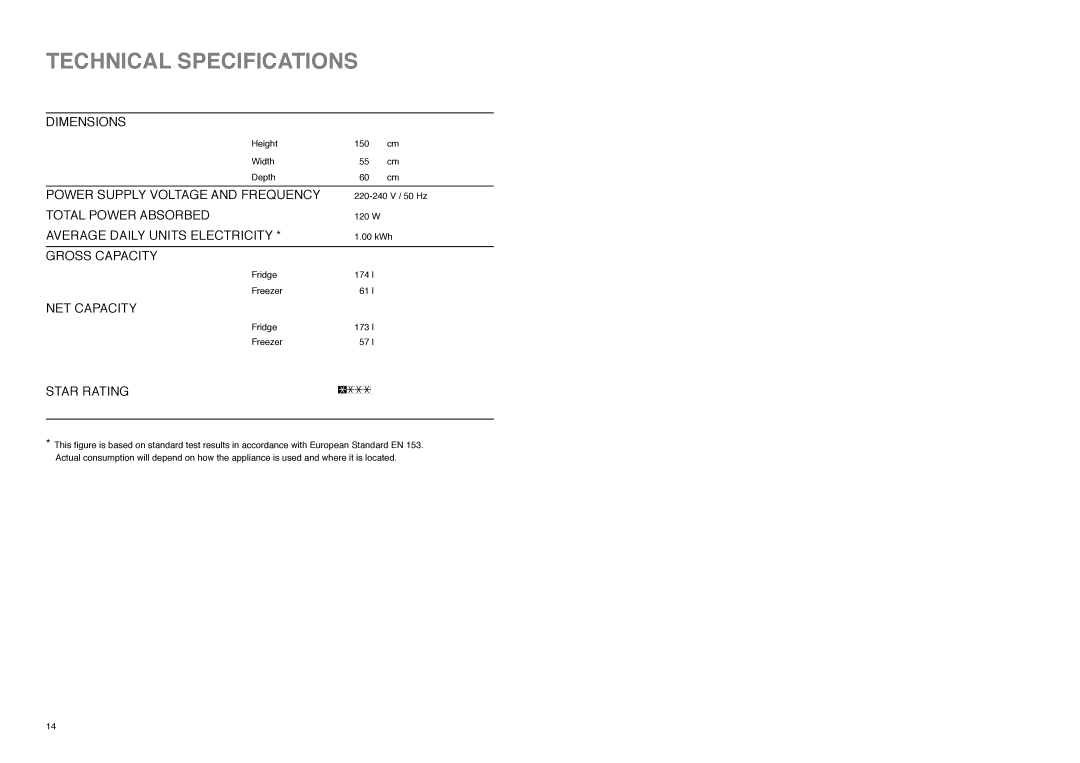 Tricity Bendix FD 855 SI installation instructions Technical Specifications, Star Rating 