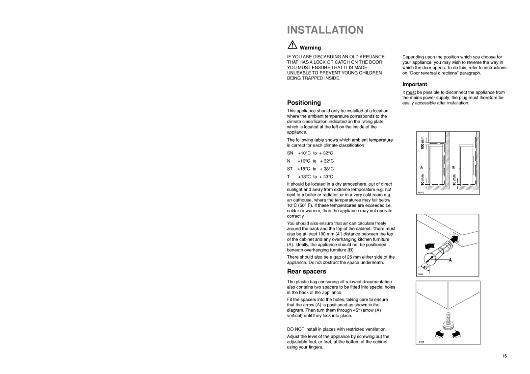 Tricity Bendix FD 855 SI installation instructions Installation, Positioning, Rear spacers 