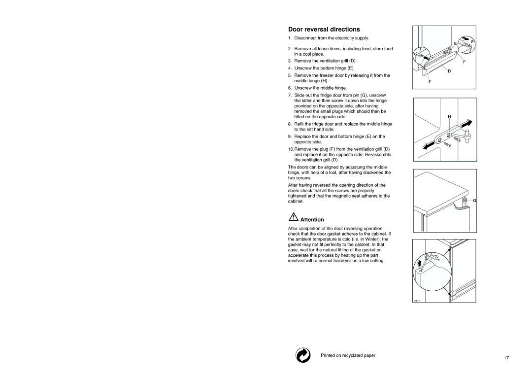 Tricity Bendix FD 855 SI installation instructions Door reversal directions 