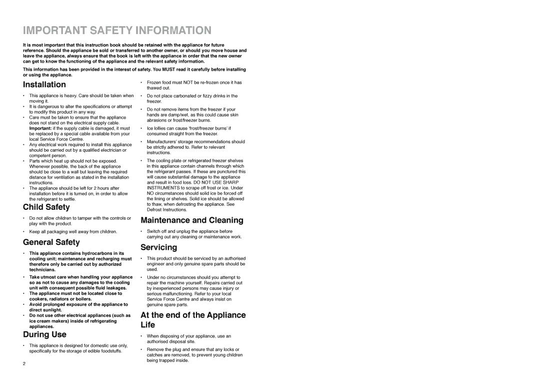 Tricity Bendix FD 855 SI installation instructions Important Safety Information 