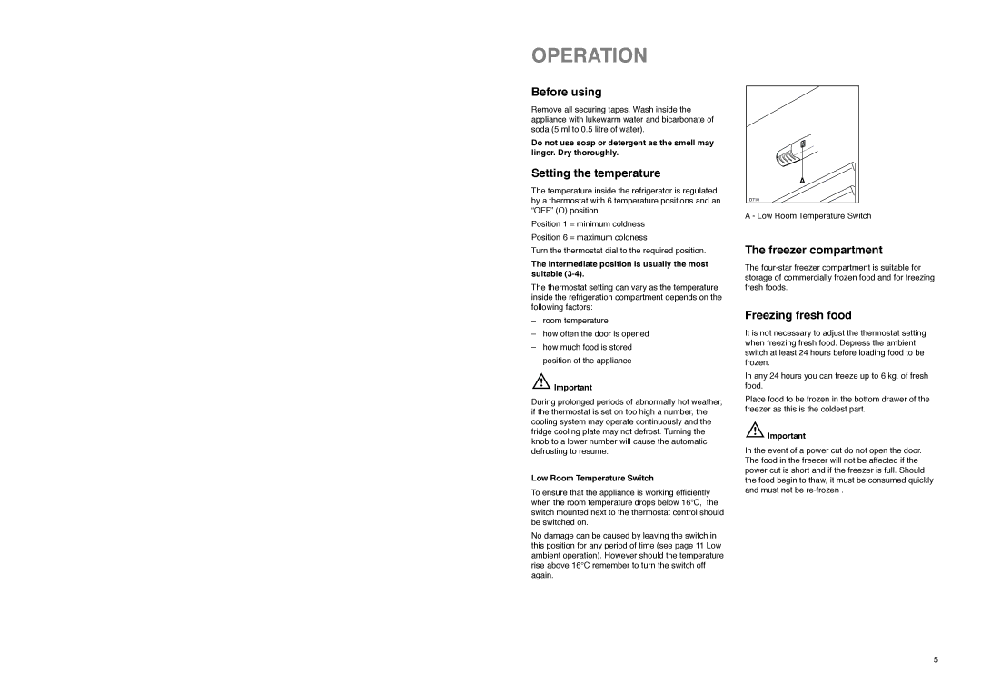 Tricity Bendix FD 855 SI Operation, Before using, Setting the temperature, Freezer compartment, Freezing fresh food 