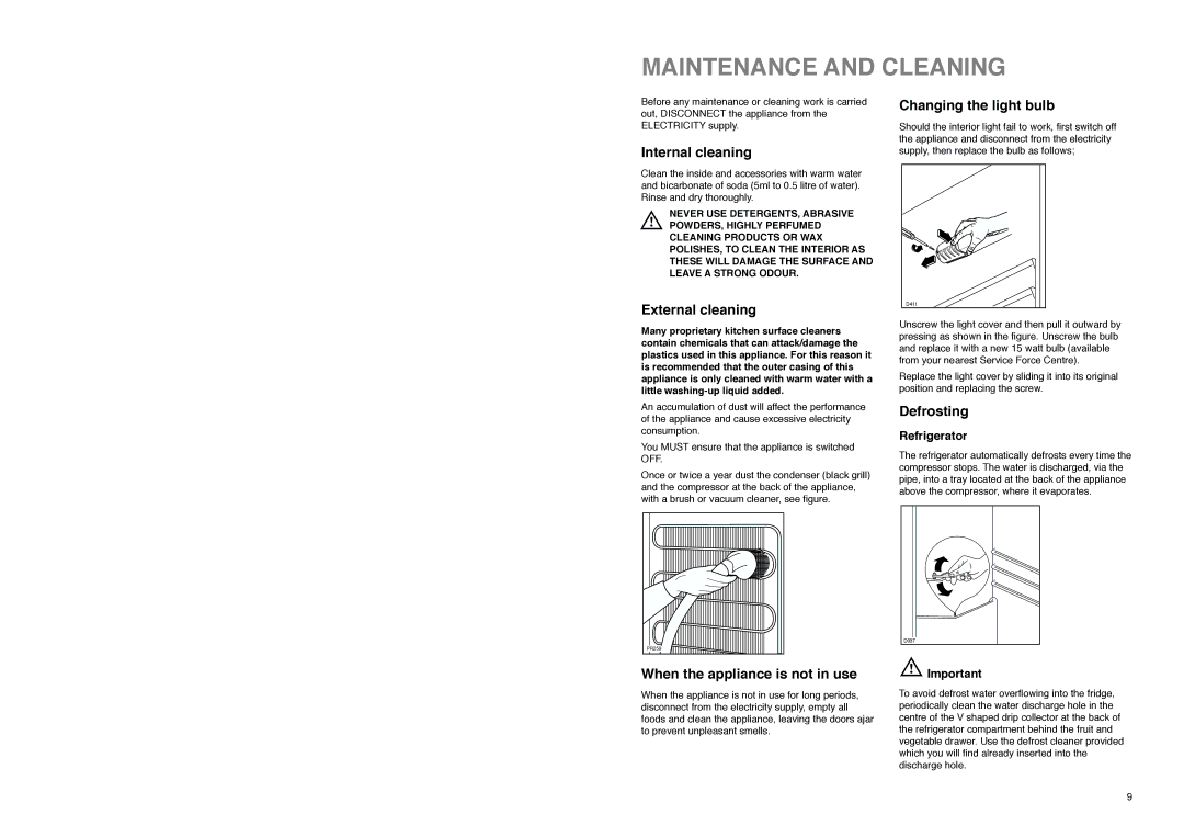 Tricity Bendix FD 855 SI installation instructions Maintenance and Cleaning, External cleaning, Defrosting, Refrigerator 