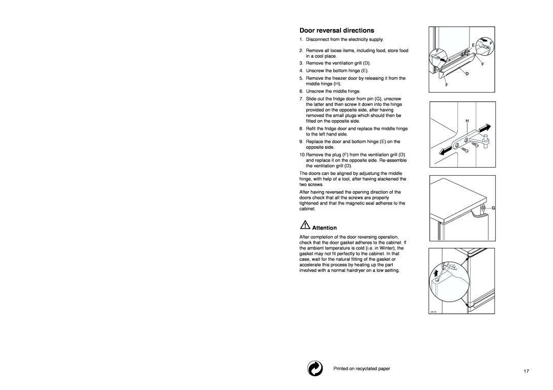 Tricity Bendix FD 855 SI installation instructions Door reversal directions 