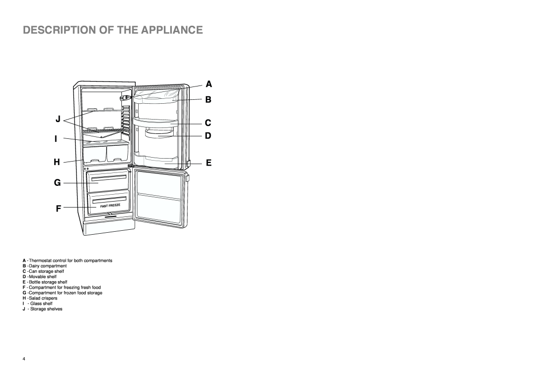 Tricity Bendix FD 855 SI installation instructions Description Of The Appliance, J I H G F, A B C D E 